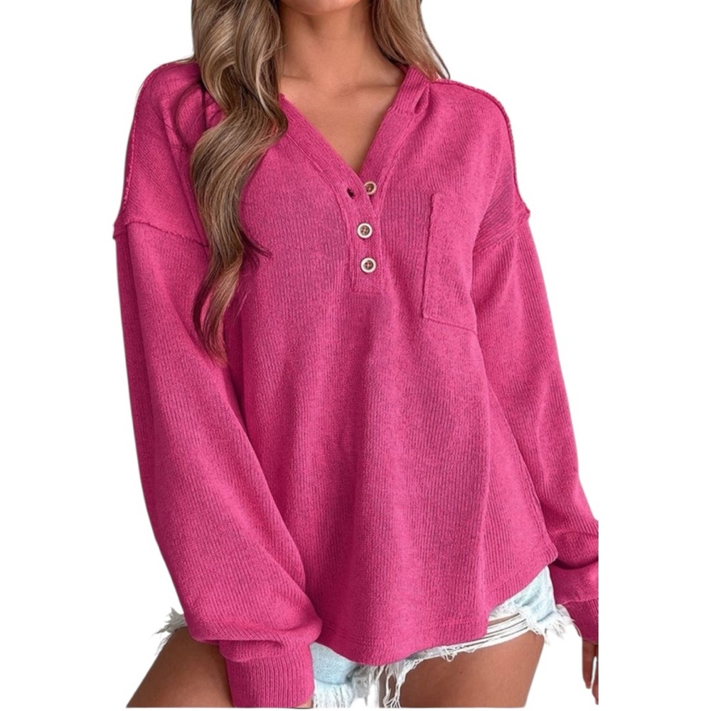 Henley Knit Hoodie with Exposed Seam Detail